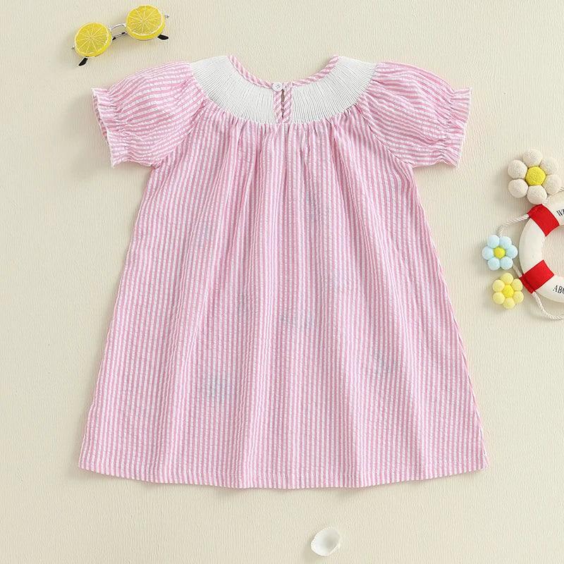 pink and white striped nautical dress for babies with smocked collar, short puff sleeves