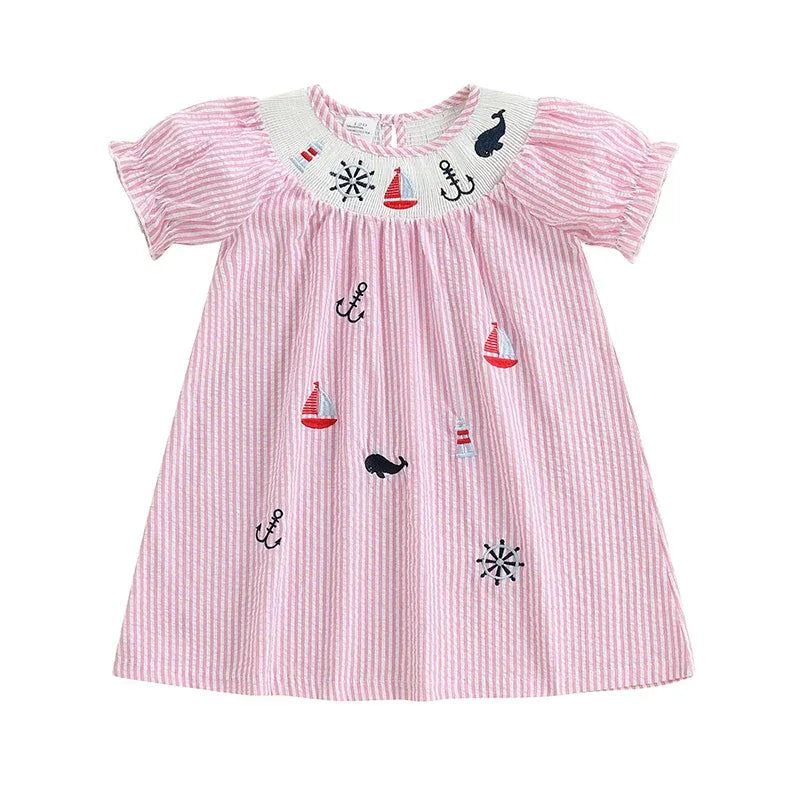 Baby girls pink nautical dress with white collar and embroidered sea theme designs, short sleeve
