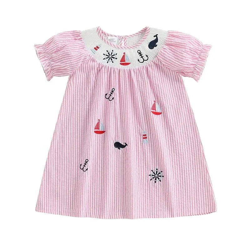 pink and white striped nautical smocked dress for girls with embroidered sea motifs, toddler size
