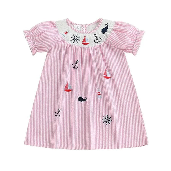 pink and white striped nautical smocked dress for girls with embroidered sea motifs, toddler size