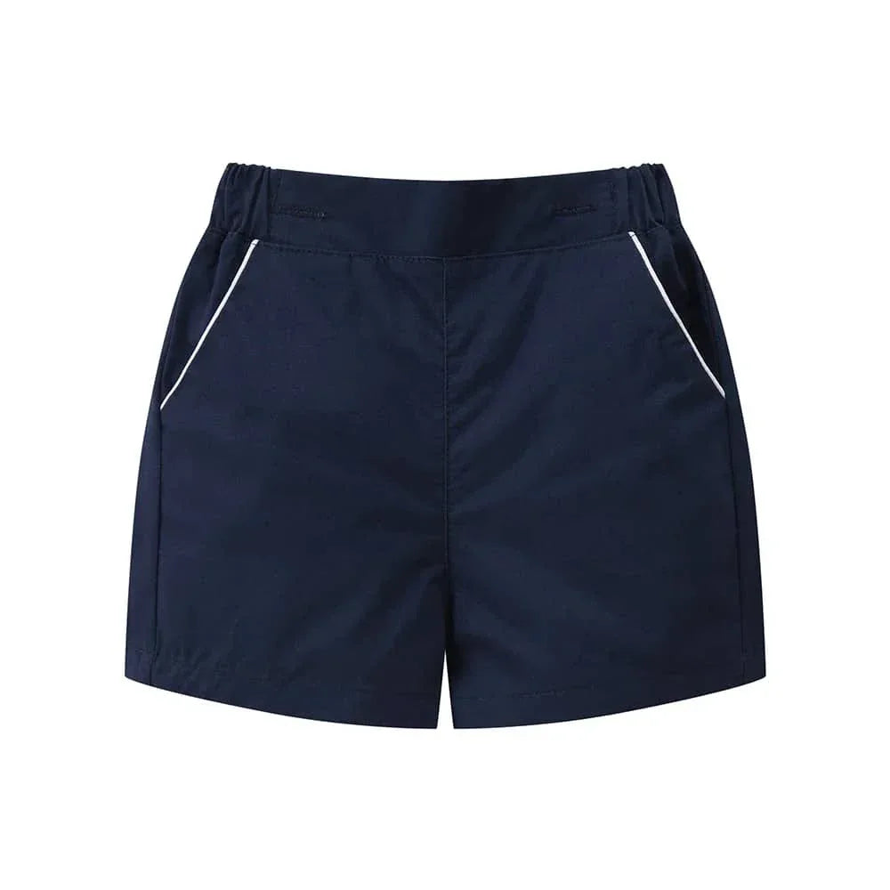 navy blue shorts for baby boys with elastic waist and white trim pockets