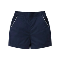 navy blue shorts for baby boys with elastic waist and white trim pockets