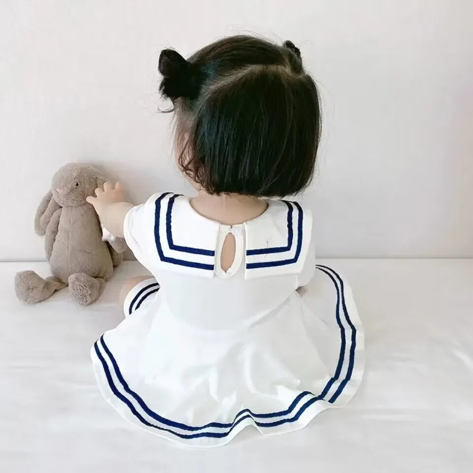 white nautical toddler dress for girls with navy blue stripes and sailor collar aged 6-12 months