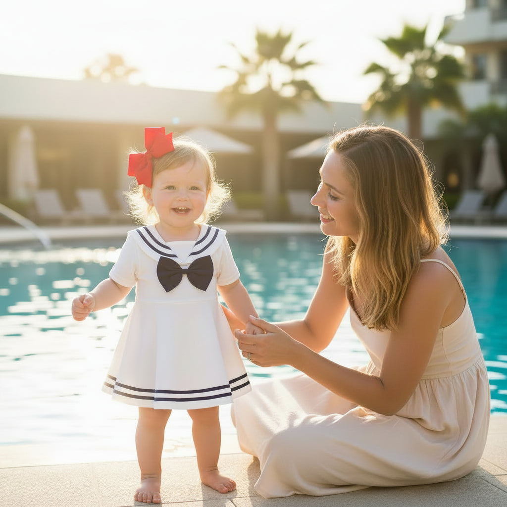 White nautical toddler dress for toddlers with navy blue bow and striped sailor collar detail