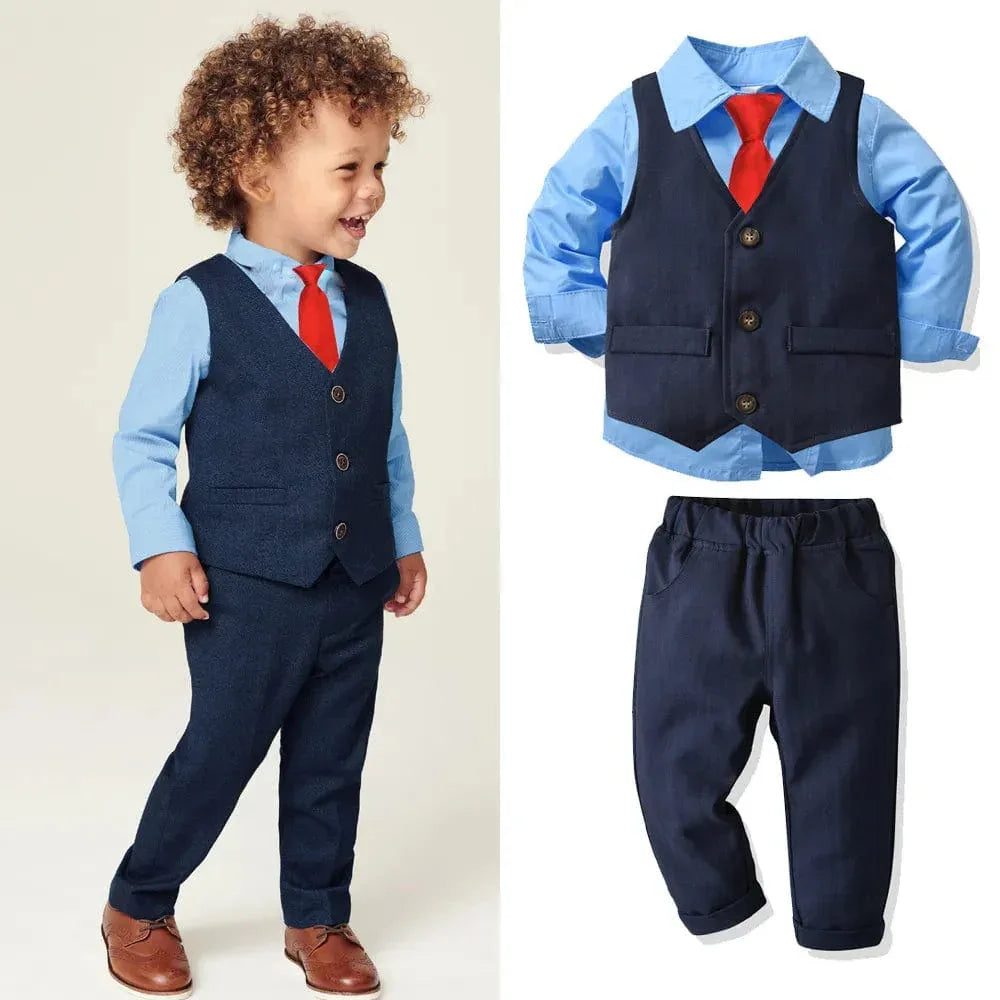 Toddler boys navy dress suit with vest, blue shirt, red tie, and matching pants for formal occasions