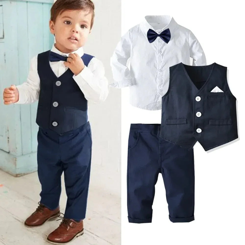 toddler boys navy blue pant set with vest white shirt and bow tie formal outfit
