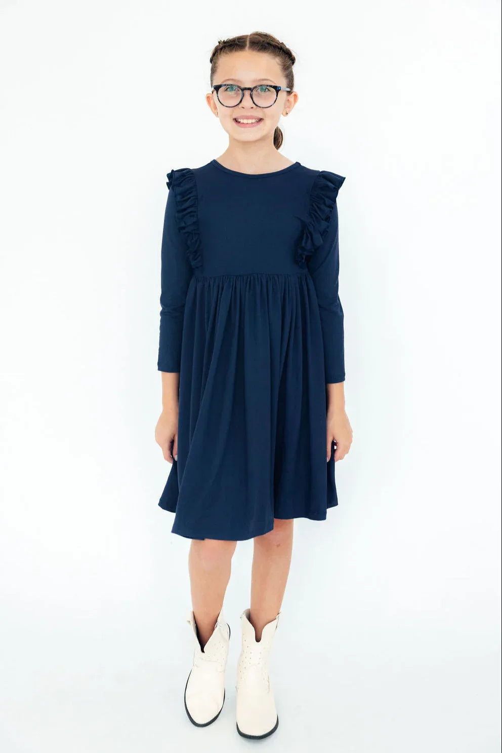 Girls navy ruffle twirl dress for girls long sleeve with ruffle details by Mila Rose