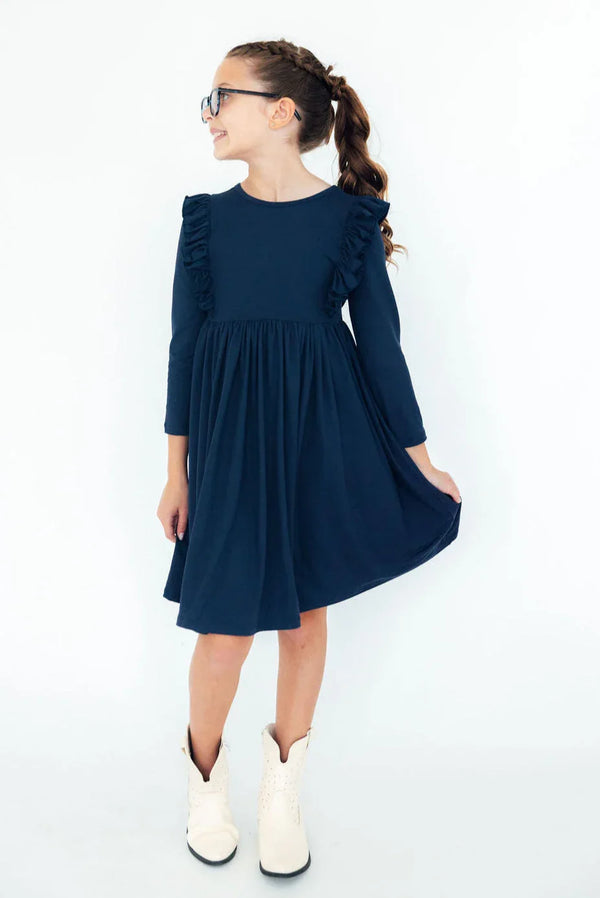 Navy ruffle twirl dress for girls by Mila & Rose, long sleeve with ruffle details on shoulders