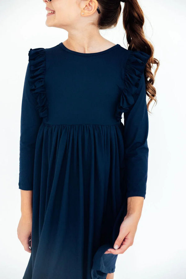 girls navy ruffle twirl dress for girls by Mila & Rose long sleeve with ruffle detail