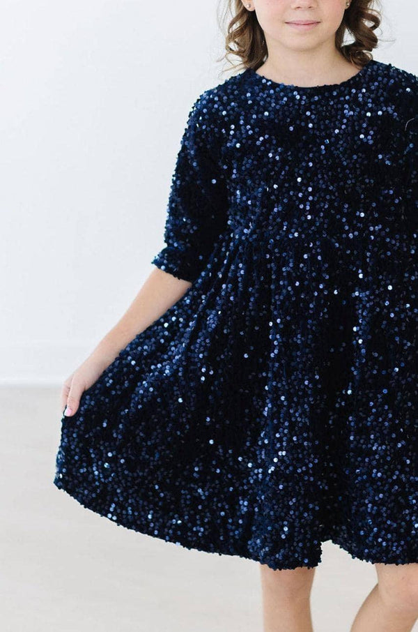Navy sequin dress for girls with three-quarter sleeves and a flared skirt by Mila & Rose