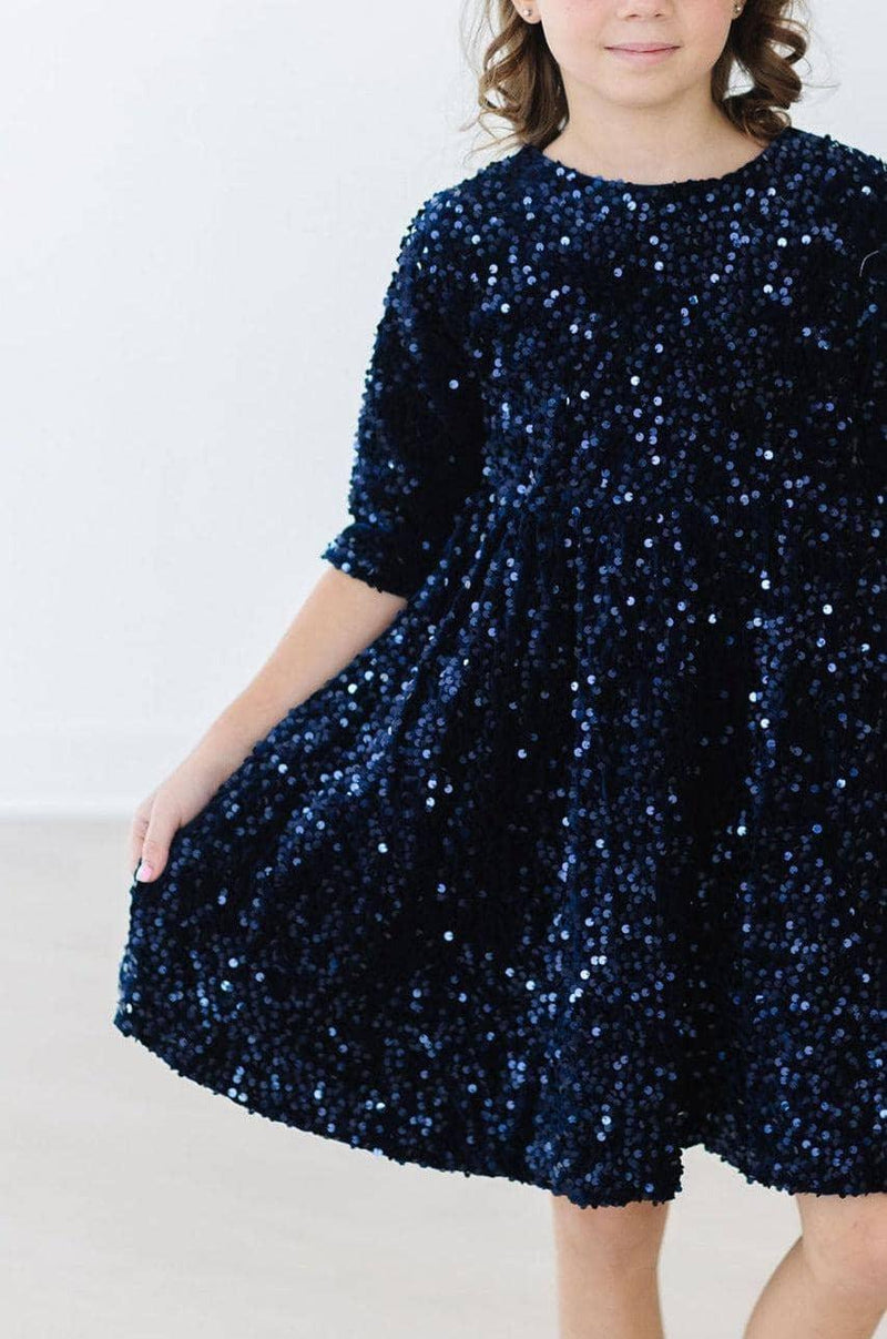 Navy sequin dress for girls with three-quarter sleeves and a flared skirt by Mila & Rose