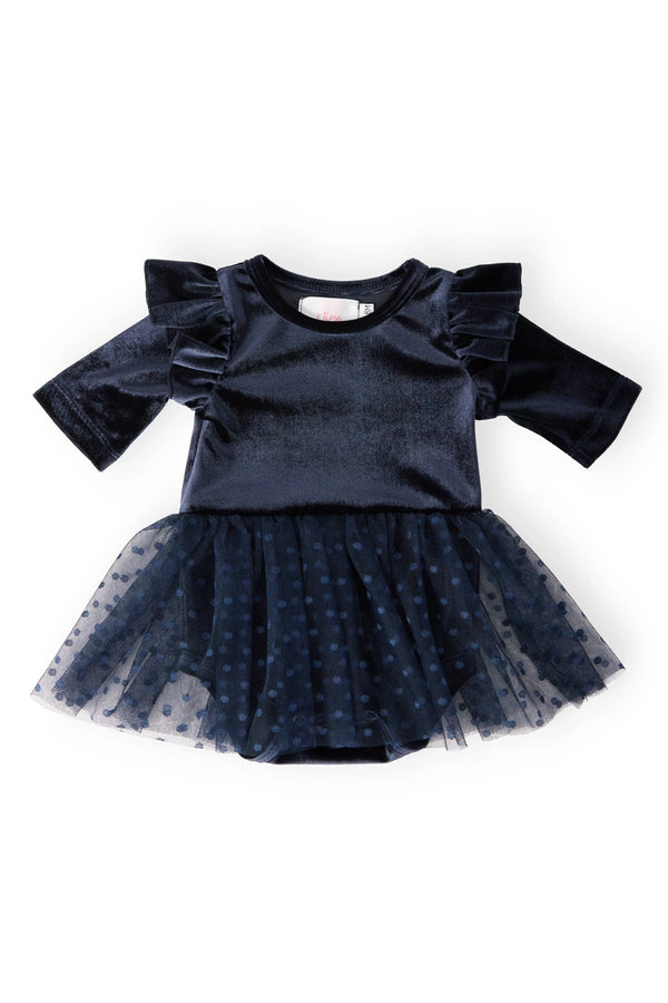 Navy velvet tutu bodysuit for baby girls with ruffled long sleeves and polka dot tulle skirt