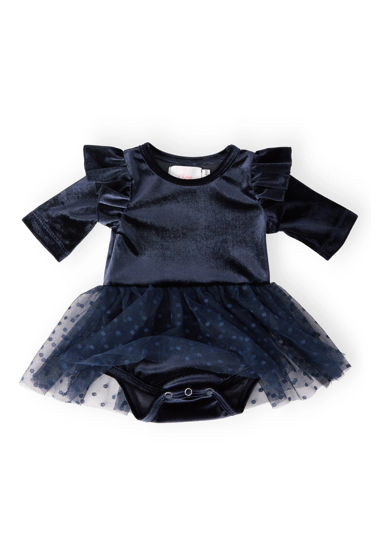 Navy velvet tutu bodysuit for baby girls with long sleeves and ruffled shoulders