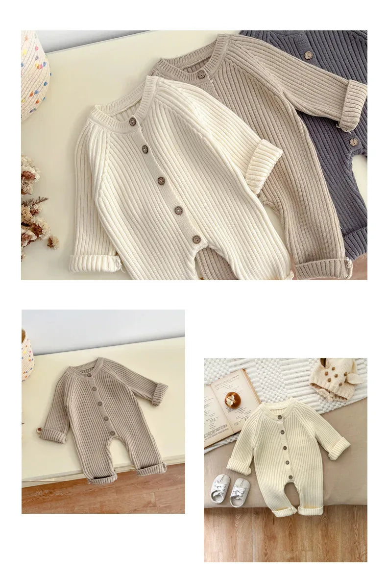 Neutral baby romper knit 3-24 months in cream, beige, and gray with button front and long sleeves