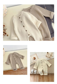Neutral baby romper knit 3-24 months in cream, beige, and gray with button front and long sleeves