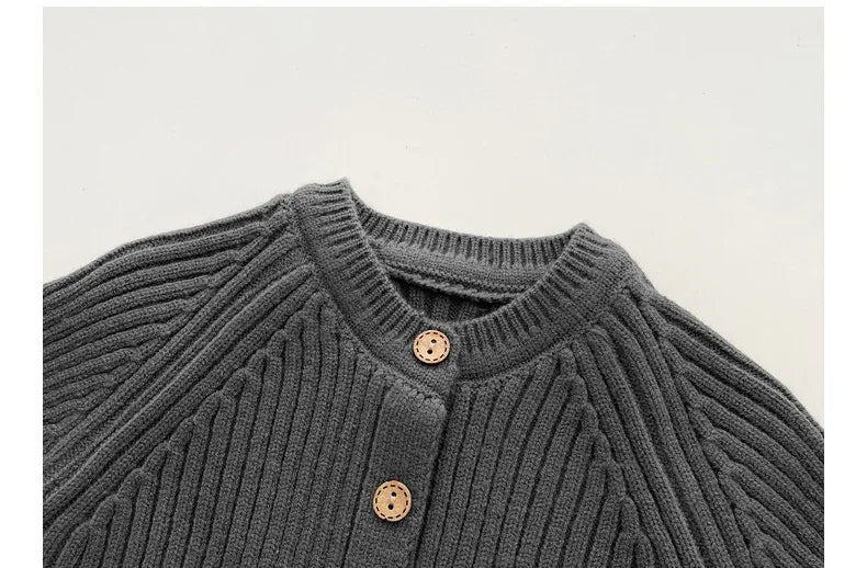 neutral baby romper knit 3-24 months dark gray ribbed knit with wooden buttons