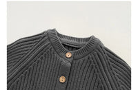 neutral baby romper knit 3-24 months dark gray ribbed knit with wooden buttons
