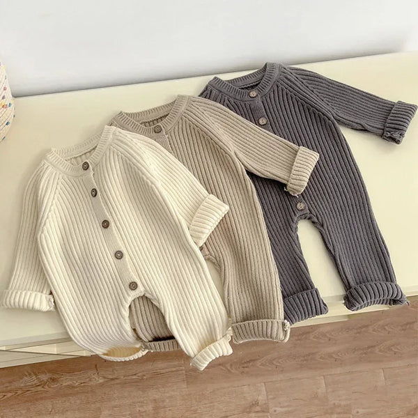 Neutral baby romper knit 3-24 months in cream beige and gray colors with button front and long sleeves