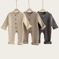 Neutral baby romper knit 3-24 months in cream beige and dark gray with button front and long sleeves