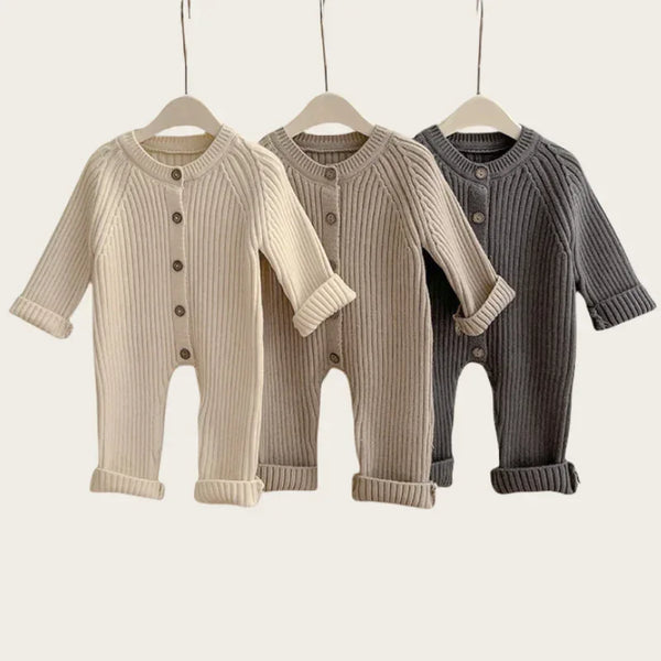 Neutral baby romper knit 3-24 months in cream beige and dark gray with button front and long sleeves