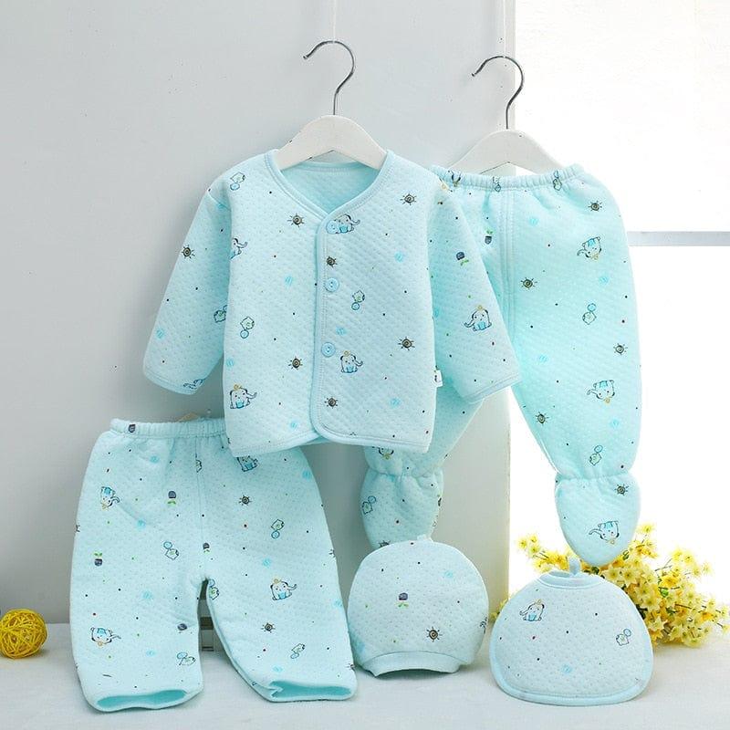 blue newborn baby layette set with long sleeve quilted jacket, pants, hat, and bib for infants