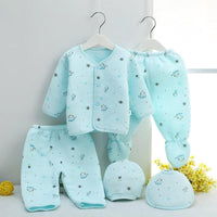blue newborn baby layette set with long sleeve quilted jacket, pants, hat, and bib for infants