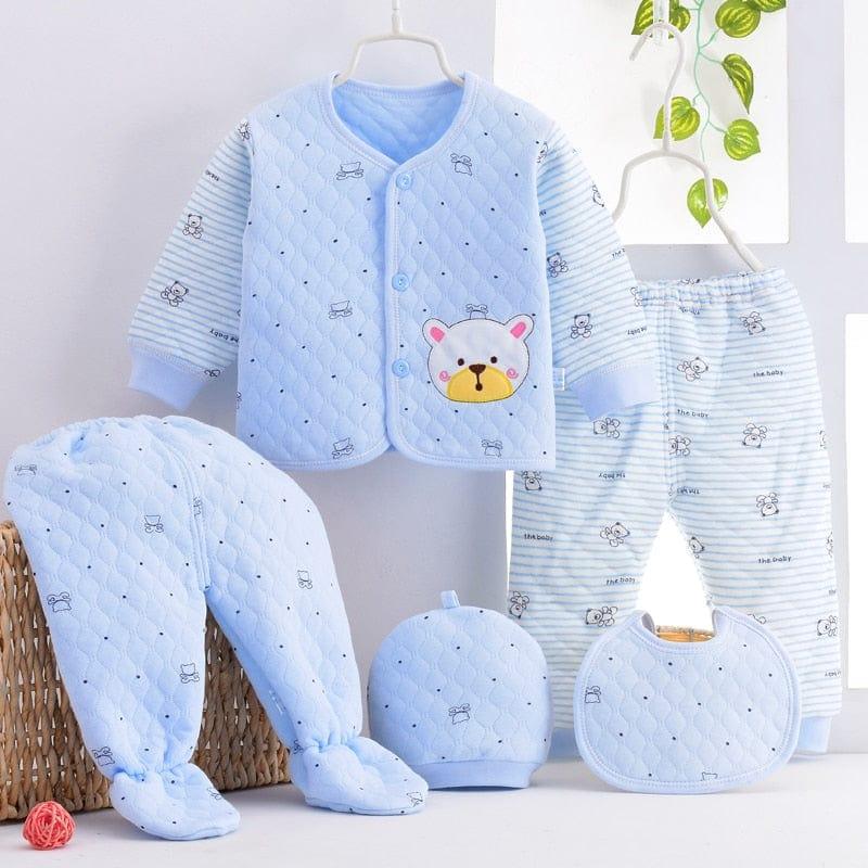 blue newborn quilted layette set for babies with bear face detail including jacket, pants, hat, bib, and footed pants