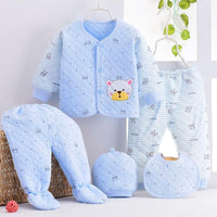 blue newborn quilted layette set for babies with bear face detail including jacket, pants, hat, bib, and footed pants