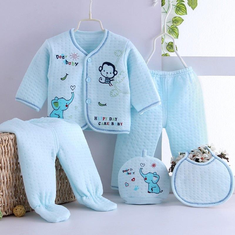 Light blue newborn quilted layette set for babies with monkey and elephant prints, includes jacket, pants, hat, and bib