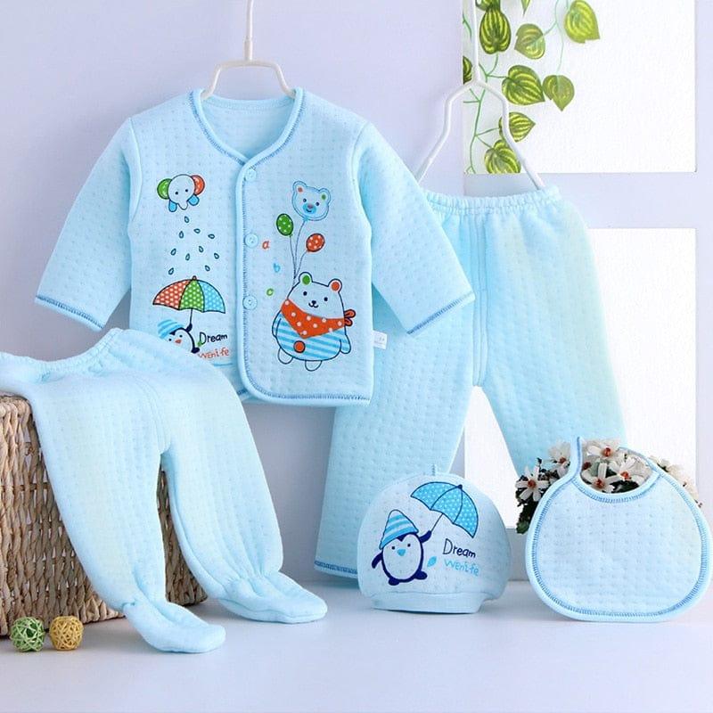 Light blue newborn quilted layette set for babies with animal and umbrella designs