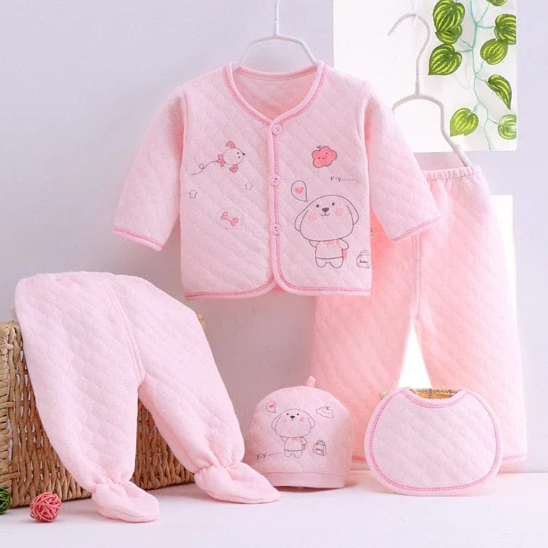 Pink newborn quilted layette set for babies with dog and cloud embroidery, includes jacket, pants, hat, and bib