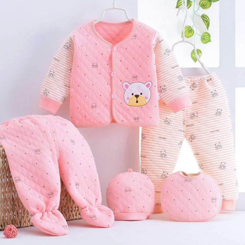 Pink newborn quilted layette set with bear design including jacket, pants, hat, bib, and footed bottoms for babies