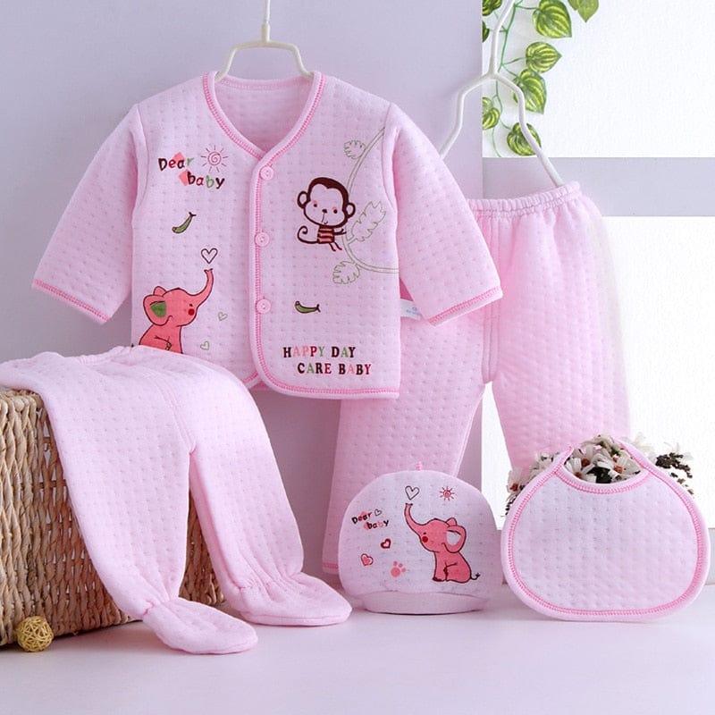 Pink newborn quilted layette set for babies with monkey and elephant prints, includes jacket, pants, hat, and bib