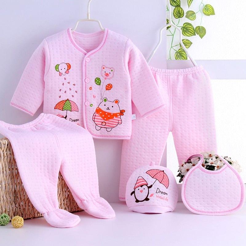 Pink newborn quilted layette set for babies with long sleeve jacket, footed pants, hat, and bib