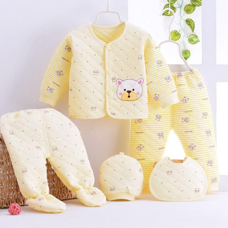 Yellow newborn quilted layette set with bear patch for babies including jacket pants hat bib