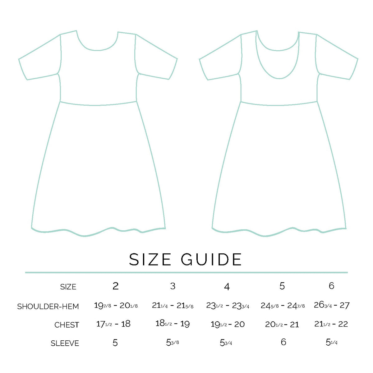 Size guide for a dress with measurements in inches for shoulder-hem, chest, and sleeve.