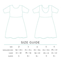 Size guide for a dress with measurements in inches for shoulder-hem, chest, and sleeve.