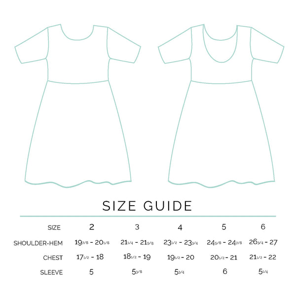 Size guide for a dress with measurements in inches for shoulder-hem, chest, and sleeve.