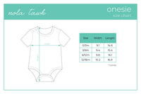 onesie size chart with dimensions for different age groups on a white background
