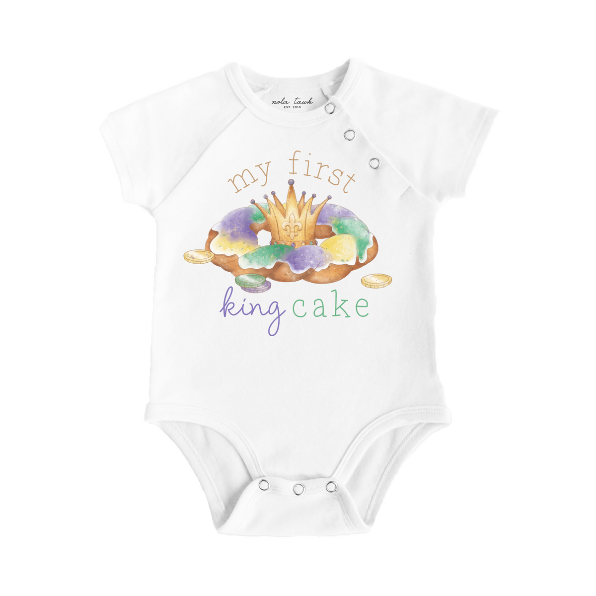 Baby onesie with 'my first king cake' text and crown design on a white background