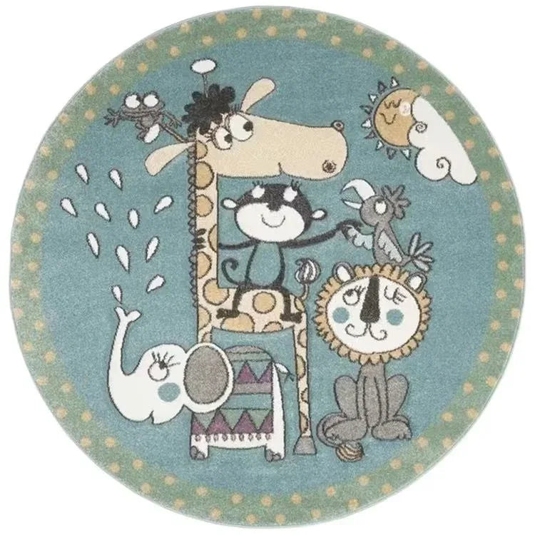 Round blue nursery rug for babies with playful jungle animals including giraffe elephant lion and monkey