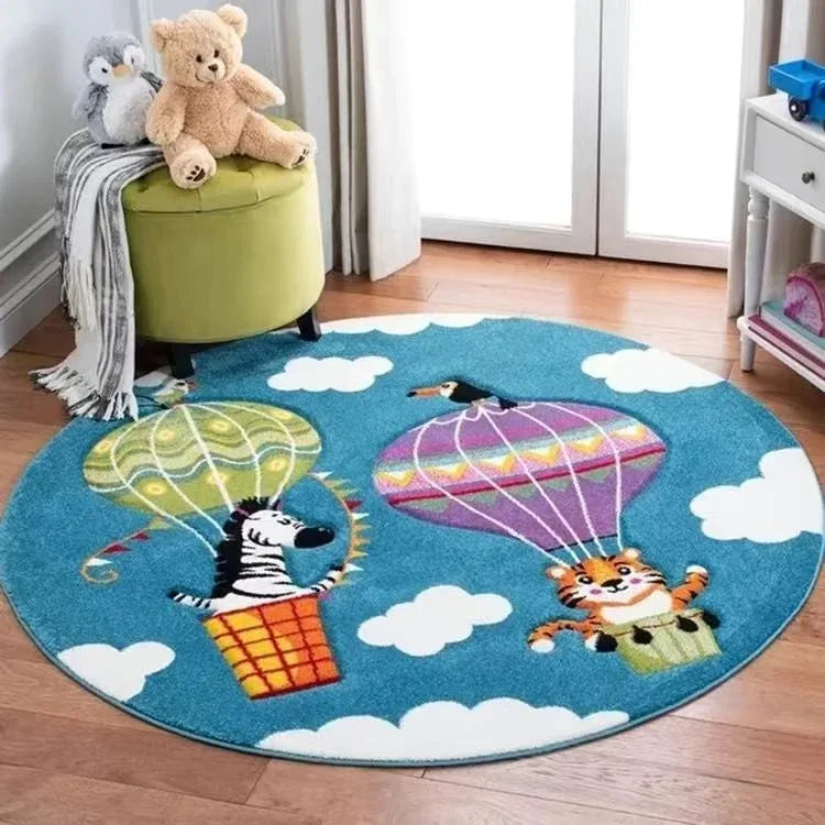 Blue round nursery rug with hot air balloon zebra and tiger designs for babies and toddlers