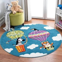 Blue round nursery rug with hot air balloon zebra and tiger designs for babies and toddlers