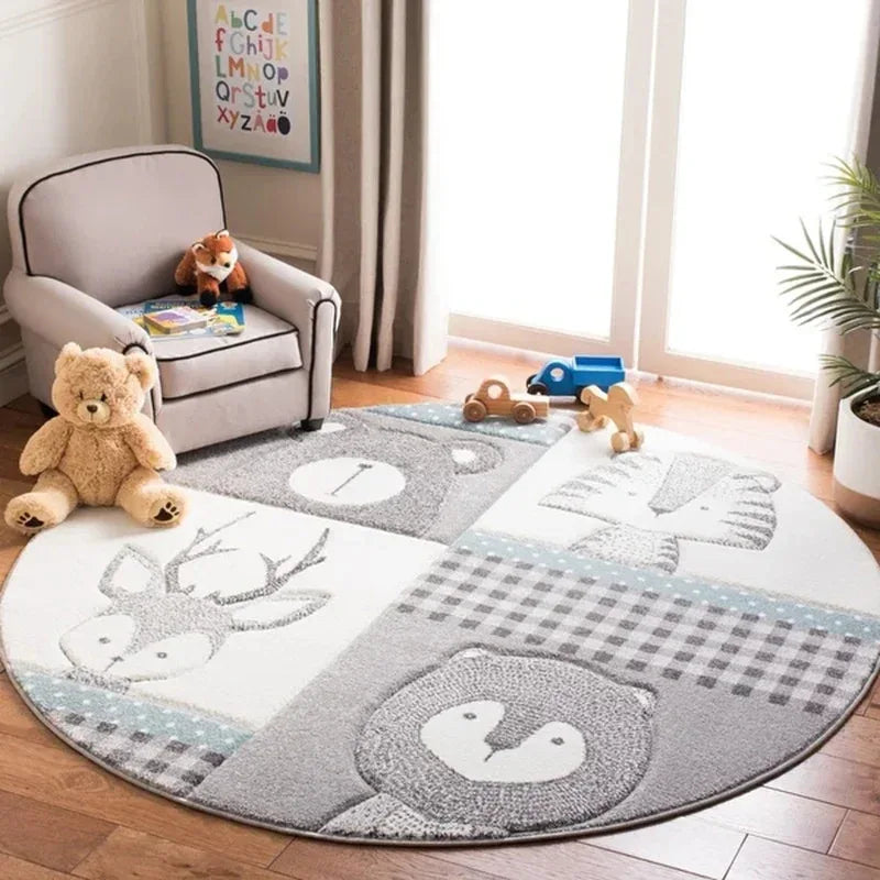 Round gray and white nursery rug for baby with animal designs including deer, owl, and hedgehog
