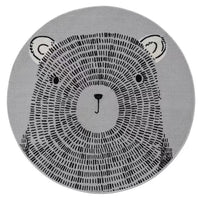 round gray baby nursery rug with black bear face design for infants and toddlers