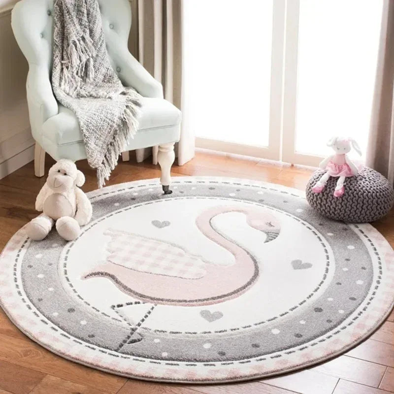 Round baby rug with pink swan design and gray polka dot border for nursery rug, perfect for infants and toddlers