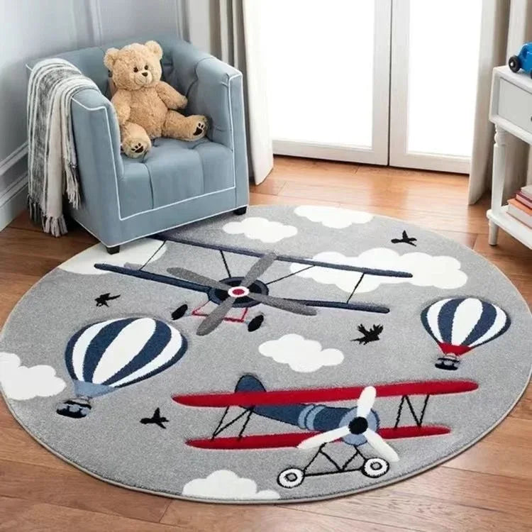 Round gray nursery rug with colorful airplanes and hot air balloons design for babies and toddlers