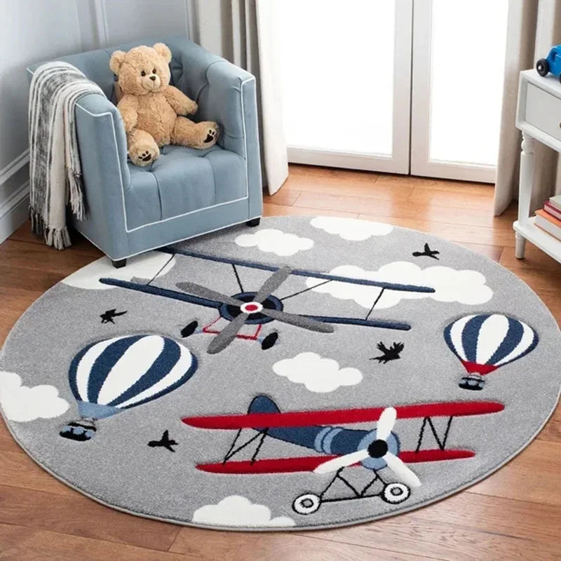 Round gray nursery rug with colorful airplanes and hot air balloons for babies and toddlers