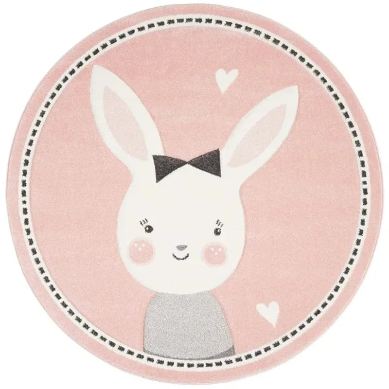 Round pink baby rug with white bunny face and black bow nursery rug for infants