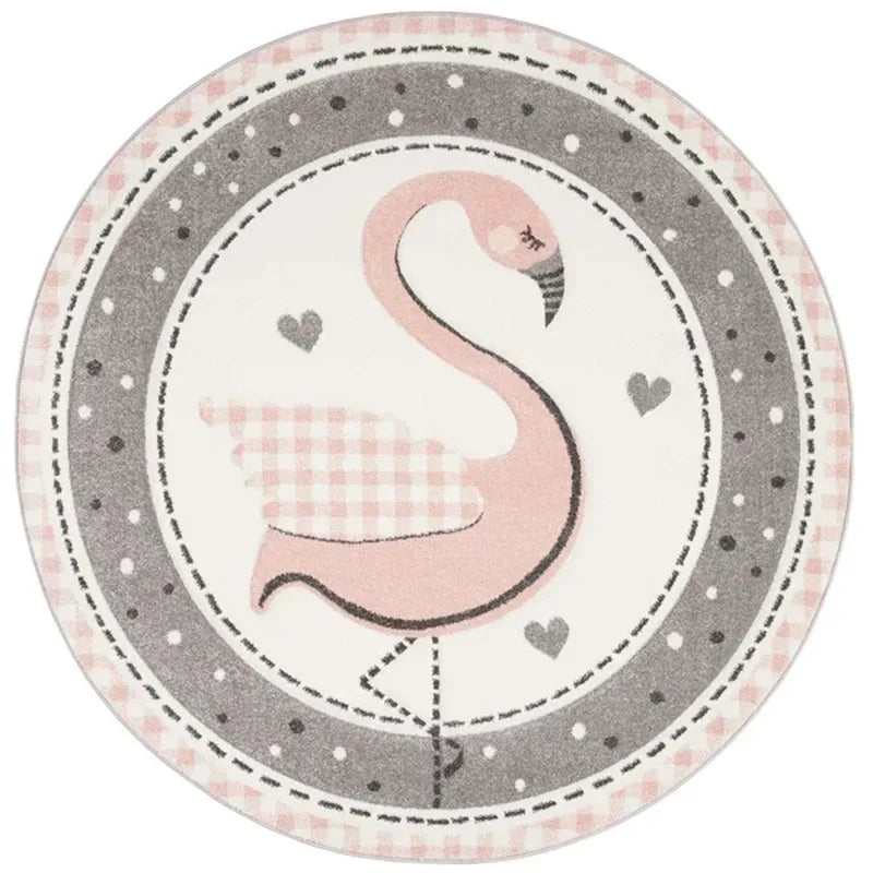 Round pink and gray baby nursery rug with flamingo and heart design for infants